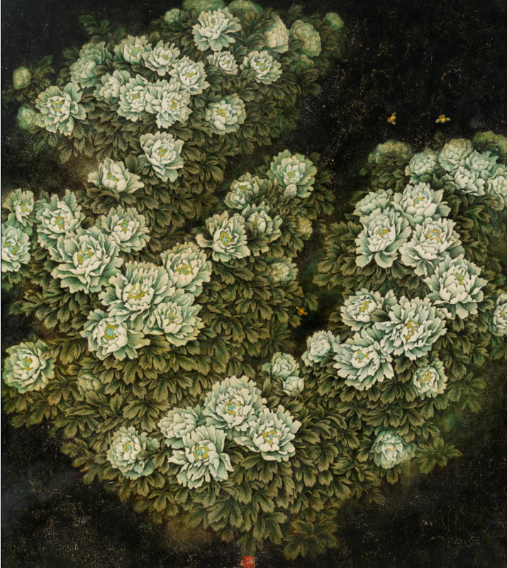 《花之语 牡丹》，张晓江，135x122cm，大漆、蛋壳
