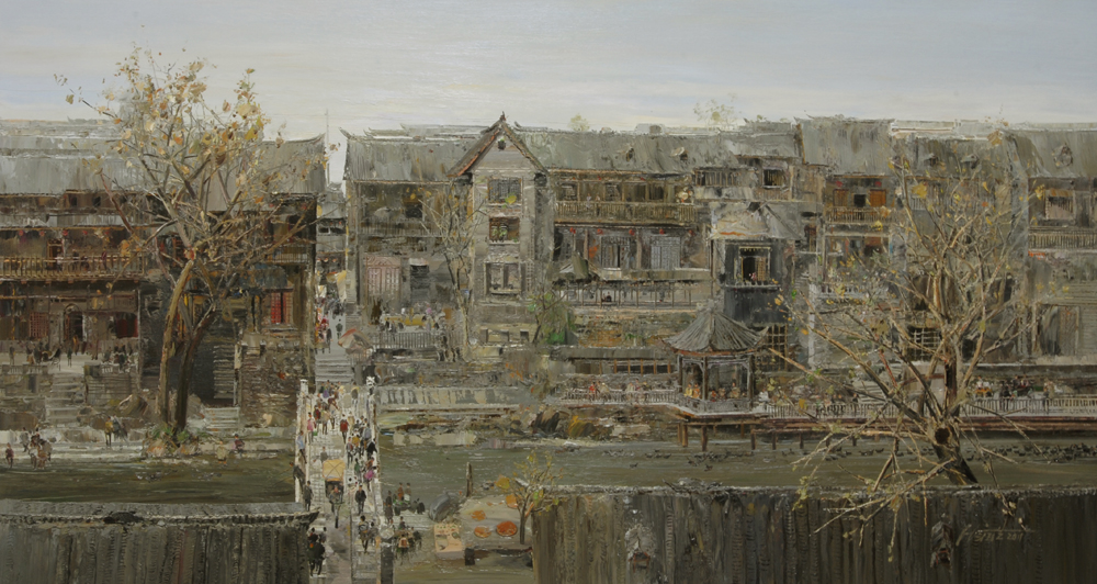 黄润生-《柳江古镇》-160x80cm-布面油画-2011年