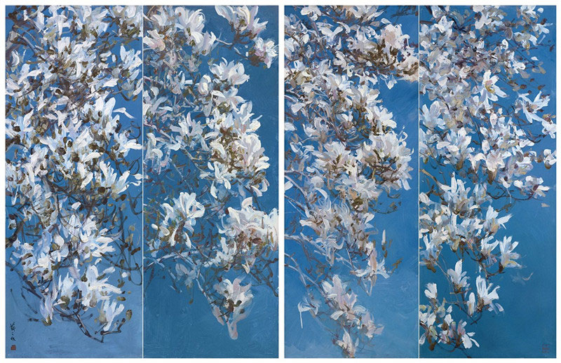 2008 靳之林 白玉兰四条屏 136×53-4 2008年
