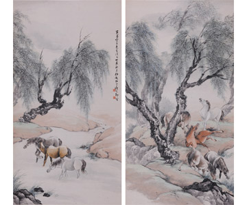 《柳荫八骏图》 柳滨 设色纸本  立轴 150×80cm×2 